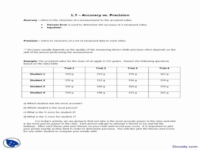 Accuracy and precision worksheet answers